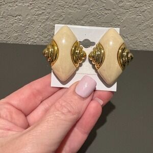 Vintage Gold & Cream Clip-On Earrings Retro Geometric Art Deco Style 2" Long
